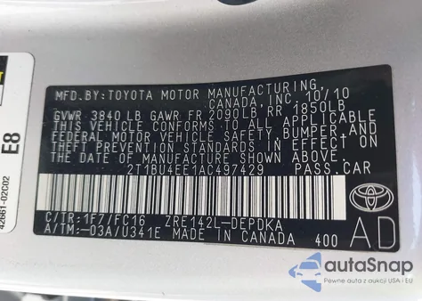 2010 Toyota Corolla Le z USA, uszkodzony, nr VIN 2T1BU4EE1AC497429